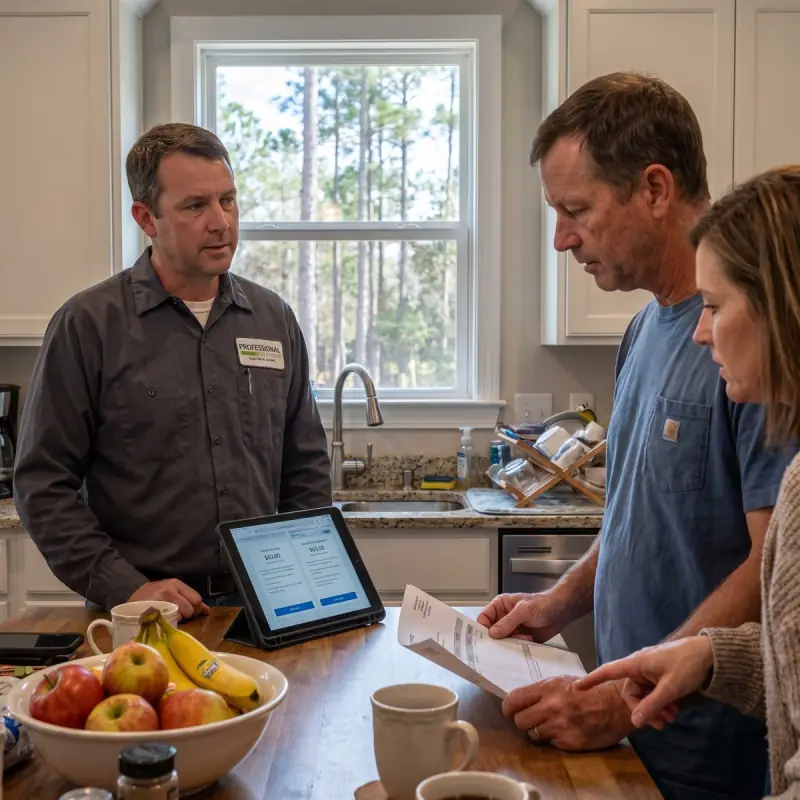 Professional Systems technician reviewing two AC replacement options priced side by side with a Daphne couple at their kitchen island
