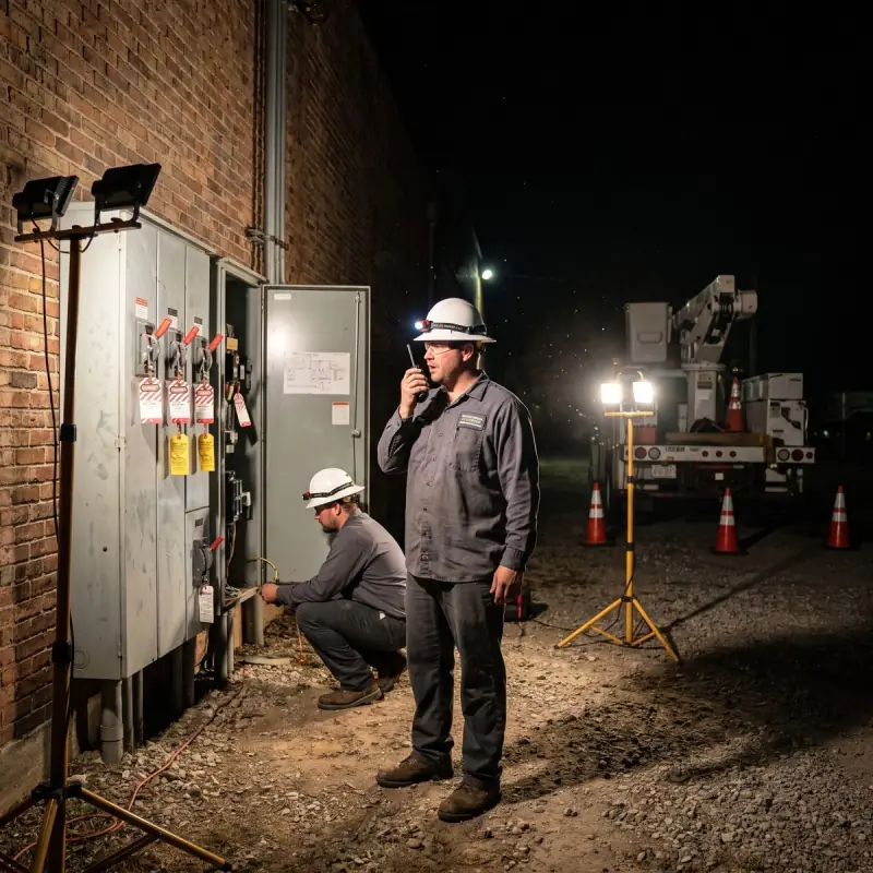 Two Professional Systems electricians performing a planned after-hours service cutover at a commercial switchgear in Mobile, AL under work lights