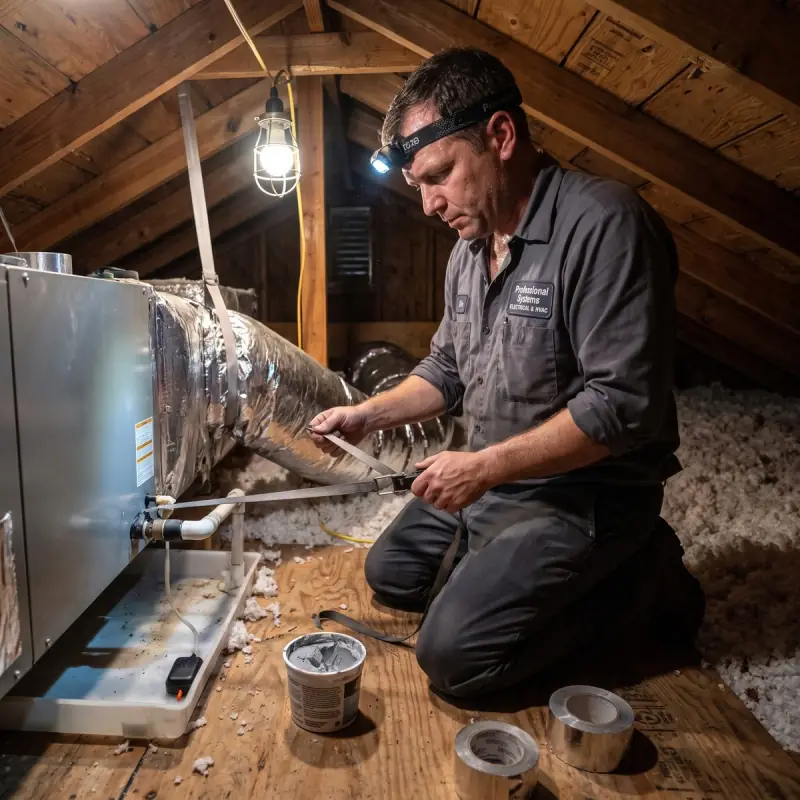 Professional Systems technician connecting flexible duct to a new air handler in the attic of a Fairhope, AL home