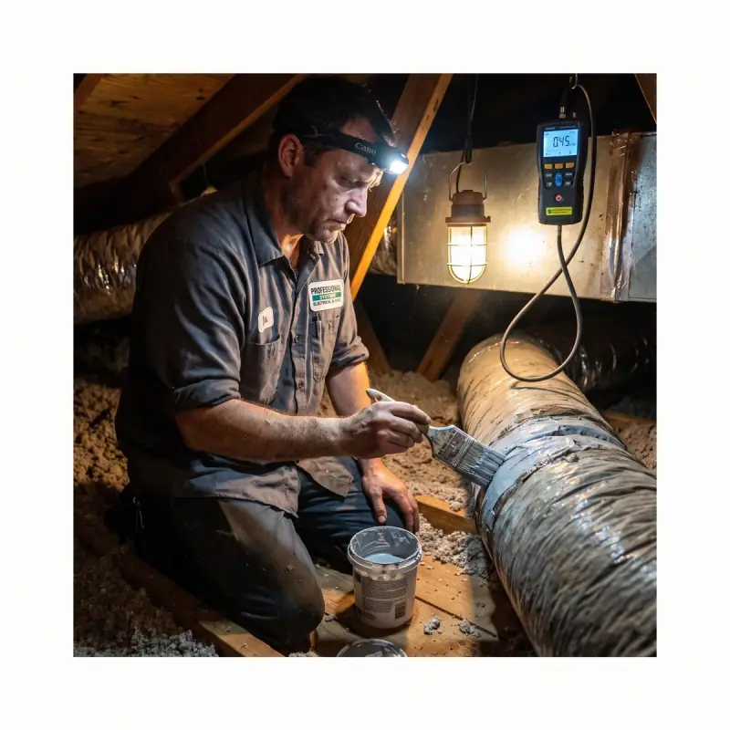Professional Systems technician sealing a duct joint with mastic while a manometer reads static pressure in a Daphne, AL attic