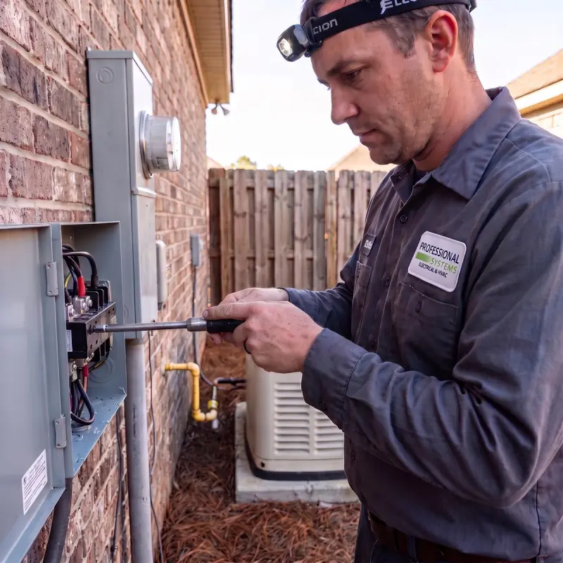 Professional Systems electrician checking an automatic transfer switch beside the meter with the standby generator on its pad behind him