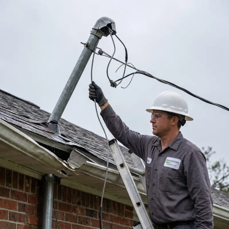 Professional Systems electrician on a ladder examining a bent service mast and cracked weather head after a hurricane in Mobile, AL