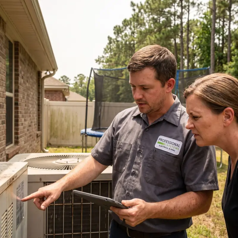 Professional Systems technician showing a Daphne homeowner the data plate on a builder-grade AC unit that has reached replacement age