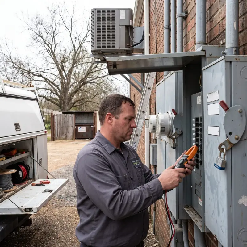 Professional Systems electrician servicing an exterior commercial electrical panel bank behind a Prichard, AL storefront
