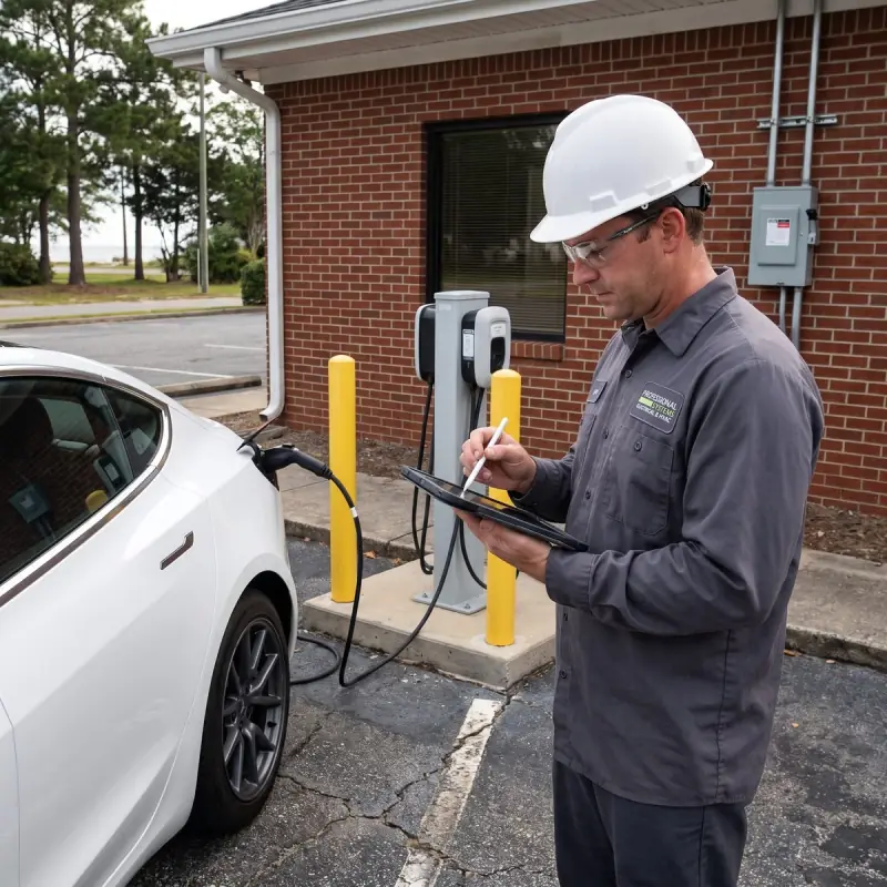 Professional Systems electrician commissioning a dual-port commercial EV charging station in an Eastern Shore office parking lot