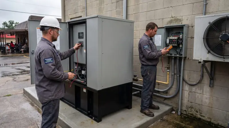Professional Systems electrician commissioning a commercial standby generator at its automatic transfer switch in Mobile, AL