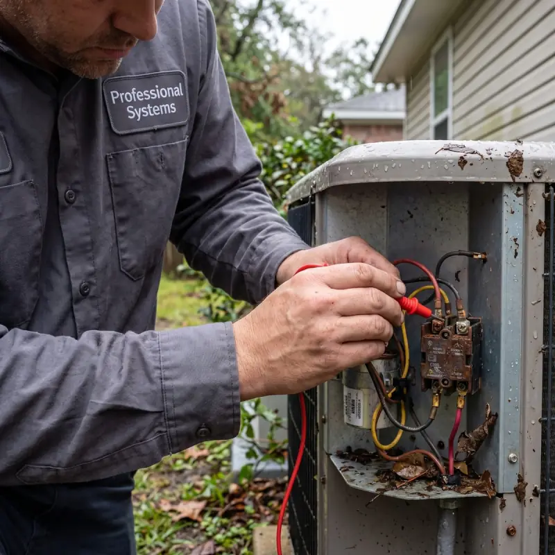 Professional Systems technician testing the contactor and capacitor in a storm-wet condenser at a Mobile, AL home