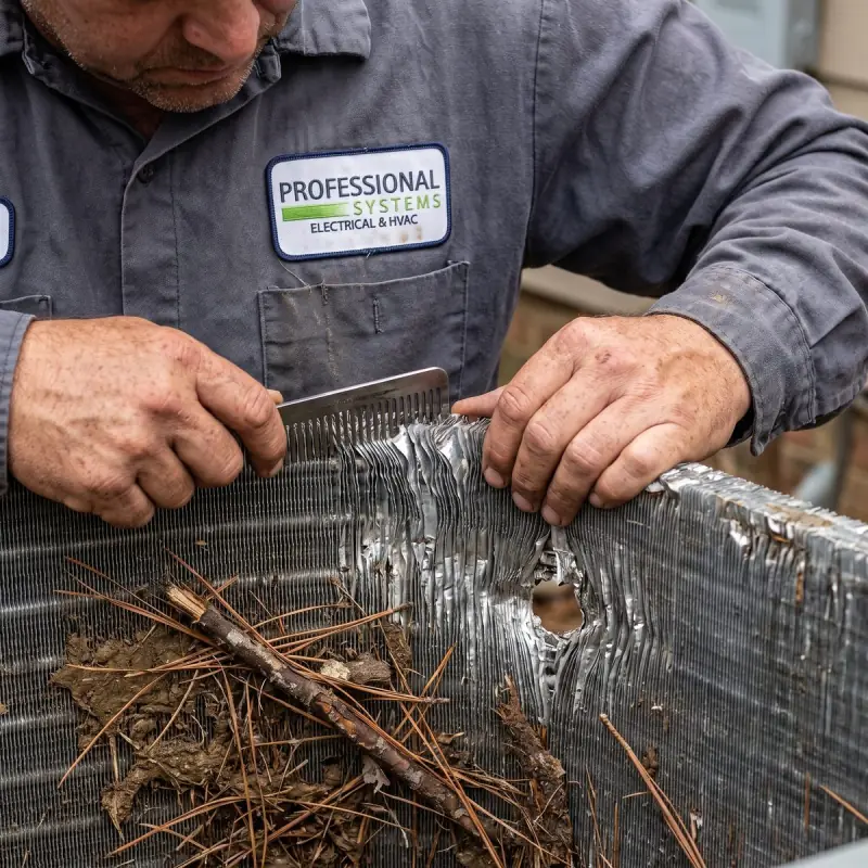 Professional Systems HVAC technician combing open crushed condenser fins packed with pine straw and debris after a storm in Mobile, AL
