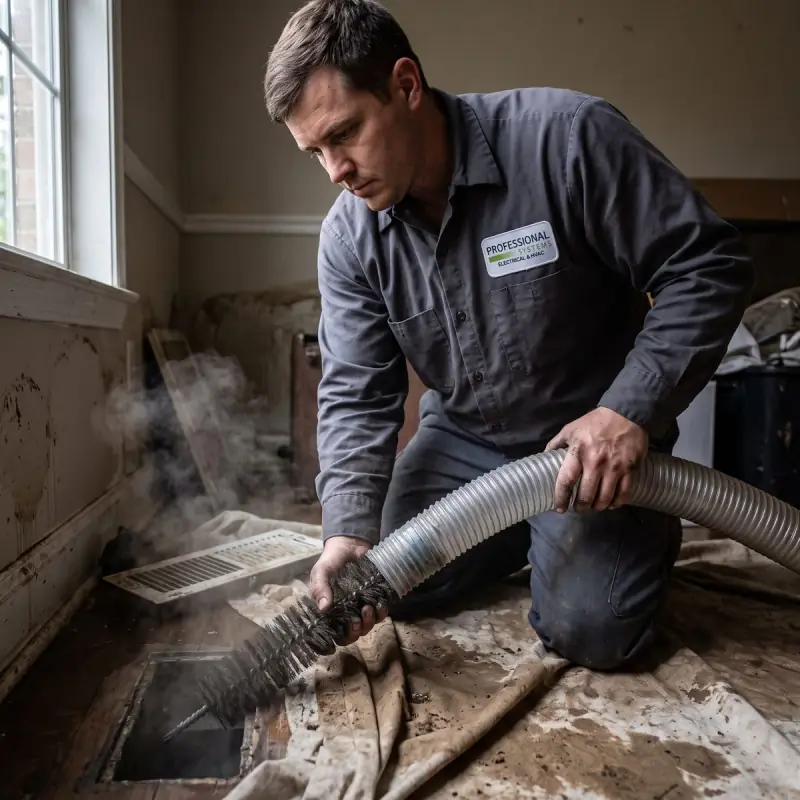 Professional Systems technician cleaning a supply duct with a rotary brush and vacuum after flooding in Mobile, AL
