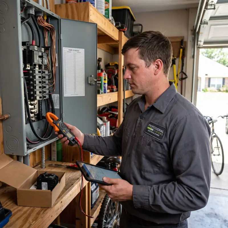 Professional Systems electrician checking panel capacity with a clamp meter before an EV charger installation in a Baldwin County garage