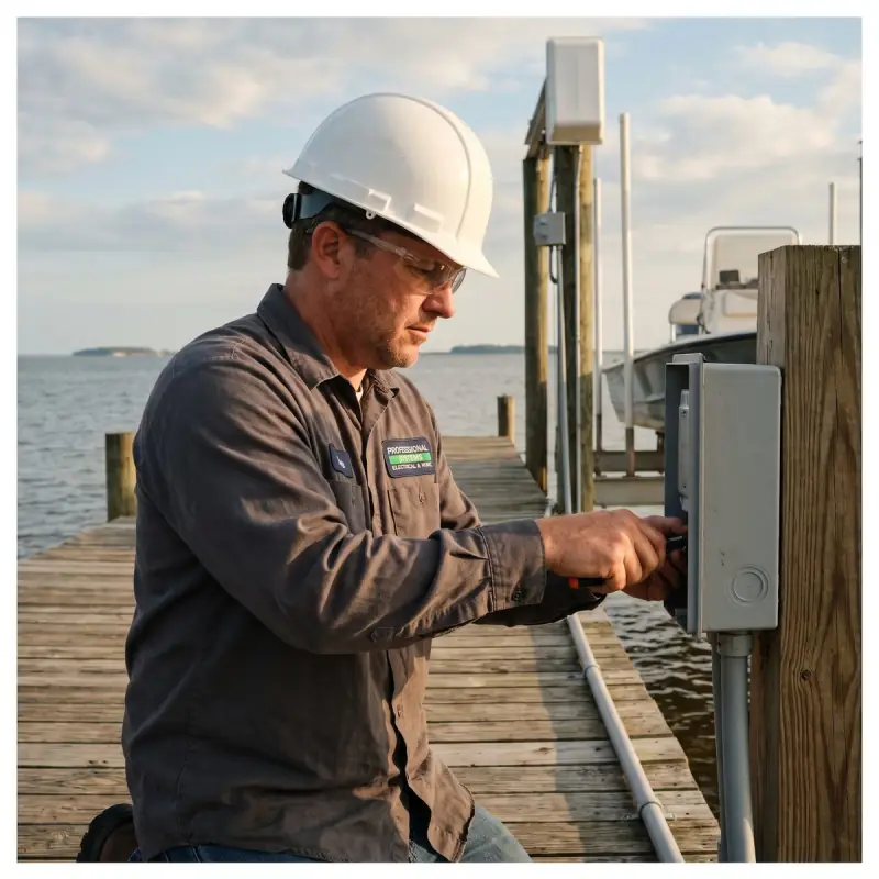 Professional Systems electrician installing a dock power pedestal at a bayfront home in Daphne, Alabama