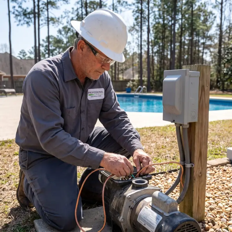 Professional Systems electrician wiring and bonding pool equipment at a home in Daphne, Alabama