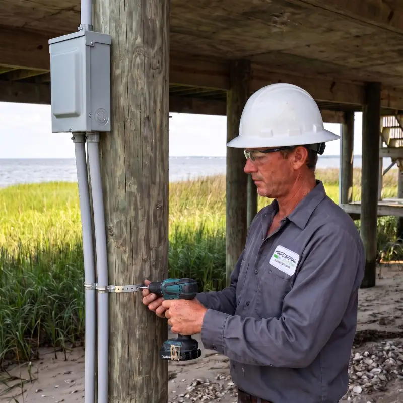 Professional Systems electrician running conduit up the pilings of a raised bayfront home in Fairhope, Alabama