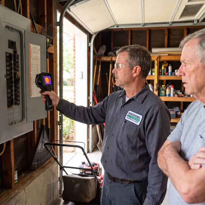 Professional Systems electrician checking a breaker panel with a thermal camera at a home in Fairhope, Alabama
