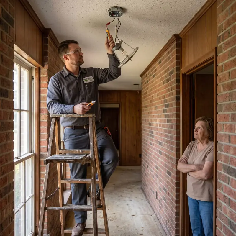 Professional Systems electrician checking an overheating ceiling light fixture in a 1970s home in Saraland, Alabama