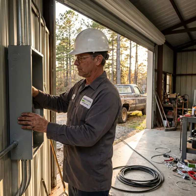 Professional Systems electrician mounting a subpanel in a backyard workshop in Saraland, Alabama