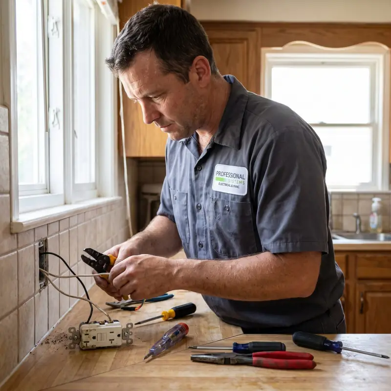Professional Systems electrician installing a GFCI outlet in a Gulf Coast kitchen
