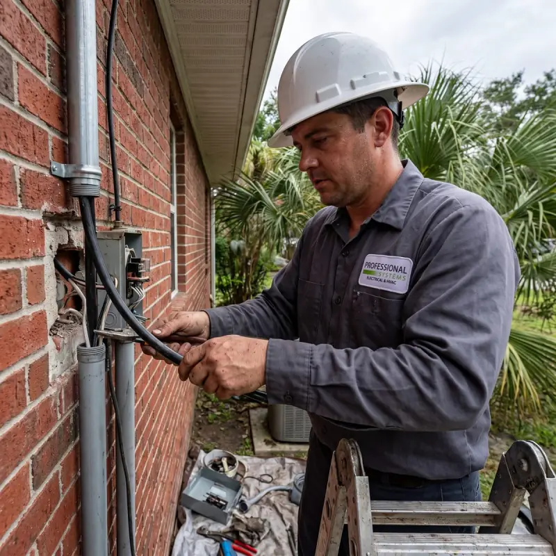 Professional Systems electrician replacing an exterior electrical meter base on a Gulf Coast brick home