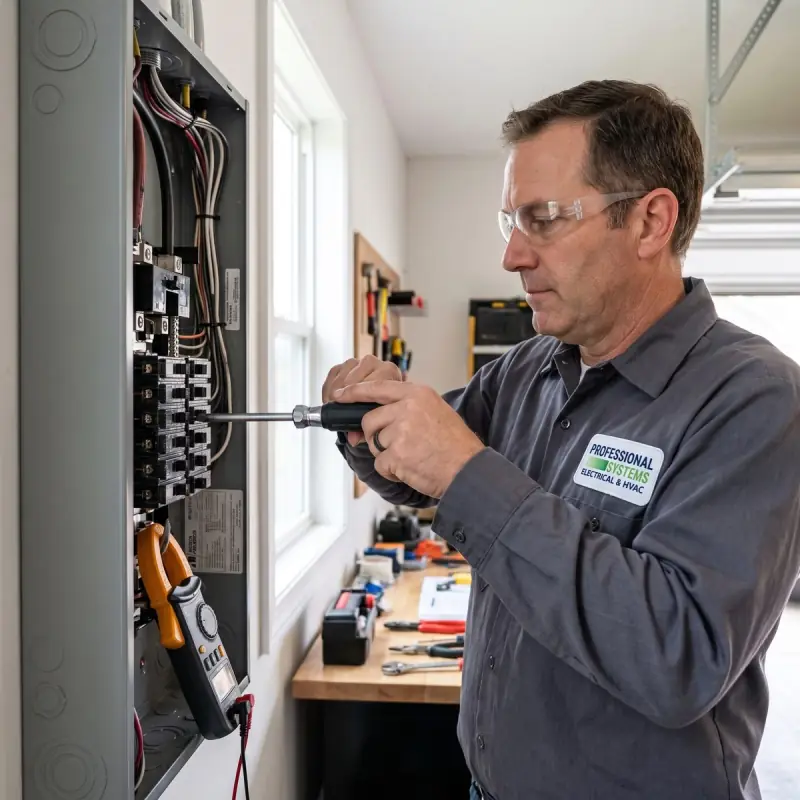 Professional Systems electrician torquing breakers in a new residential breaker panel in a Gulf Coast garage