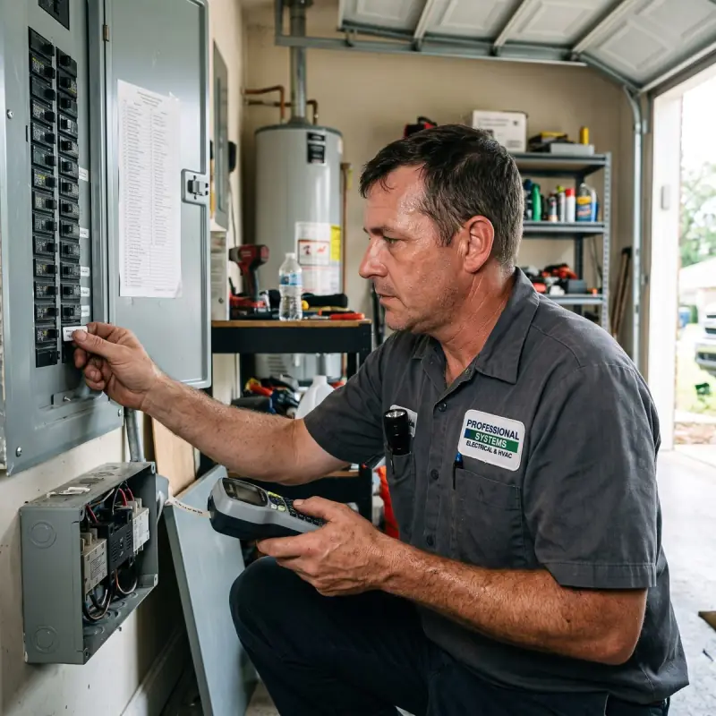 Professional Systems electrician labeling essential circuits in a panel beside an open automatic transfer switch