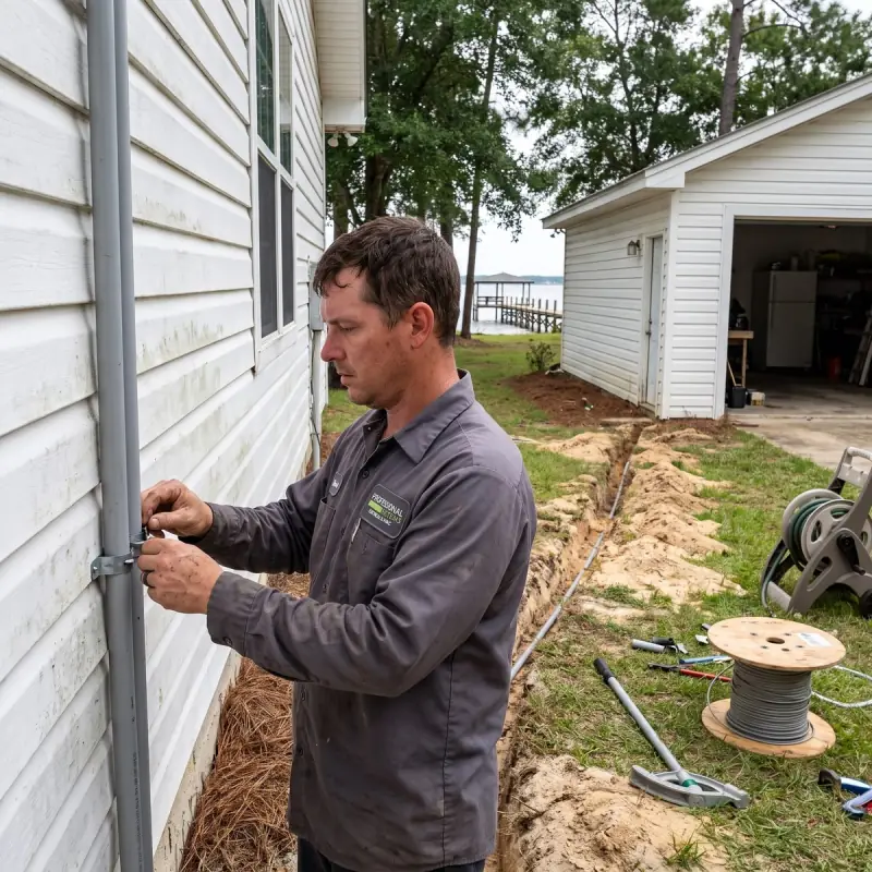 Professional Systems electrician running conduit along a waterfront Baldwin County home toward a detached garage for an EV charger circuit