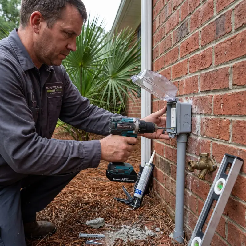 Professional Systems electrician mounting a weatherproof in-use cover over a new exterior GFCI receptacle on a brick wall