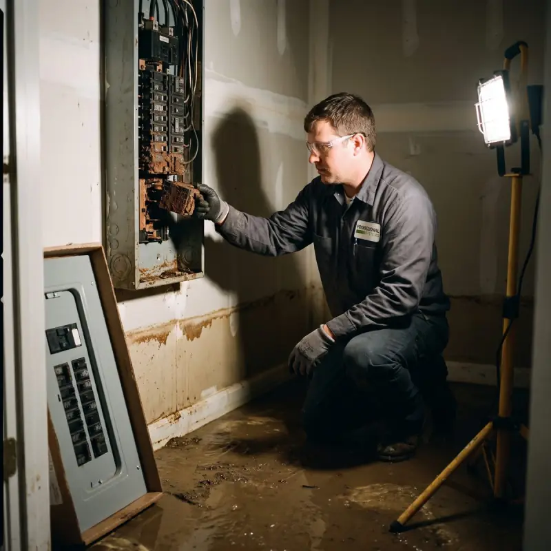 Professional Systems electrician removing a storm-surge-flooded breaker panel below the waterline at a Mobile, AL home