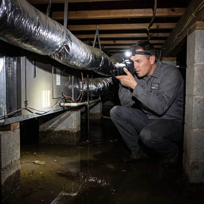 Professional Systems technician photographing a flooded crawlspace air handler under a Mobile, AL home after storm surge