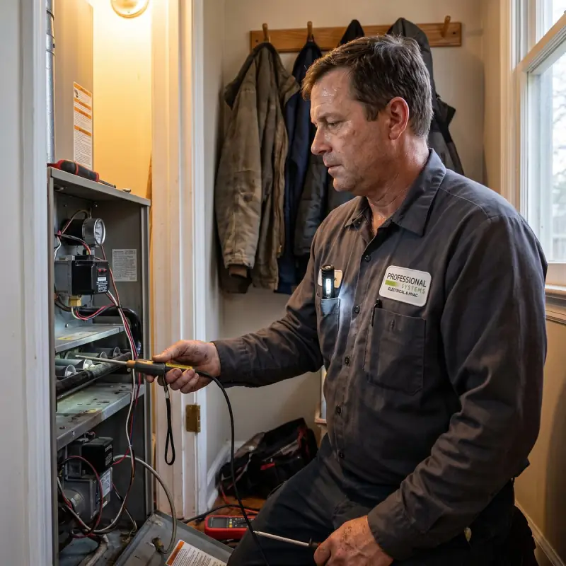 Professional Systems HVAC technician servicing a gas furnace and air handler in a hallway utility closet of a Mobile, AL home