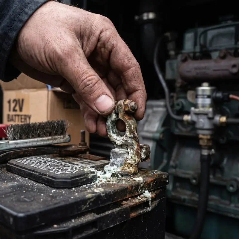 Close-up of a corroded battery terminal inside a standby generator, the most common reason a generator fails to start