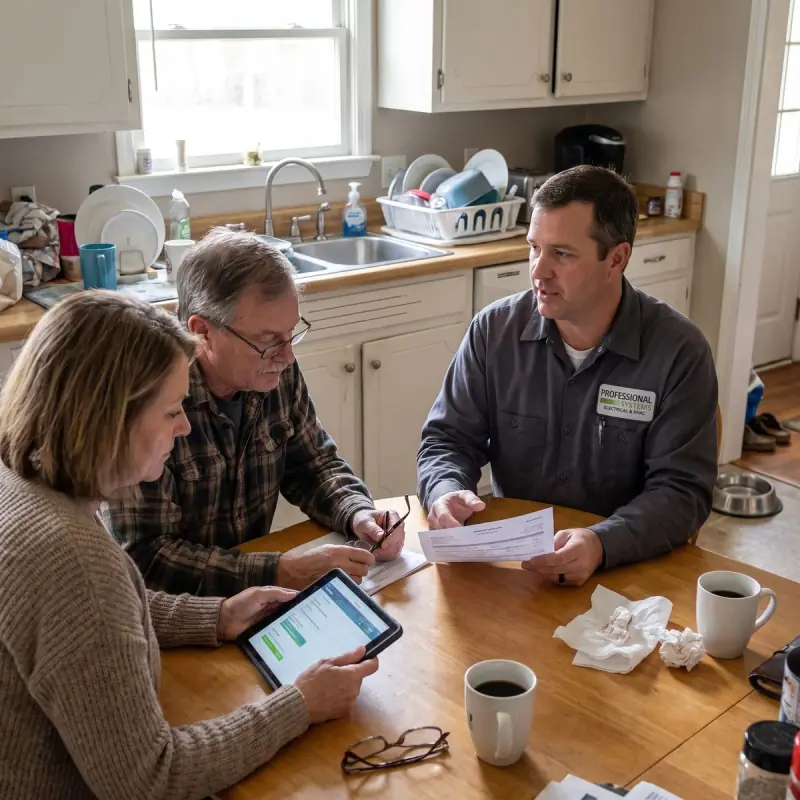 Professional Systems technician reviewing a standby generator estimate and financing options with a couple at their kitchen table