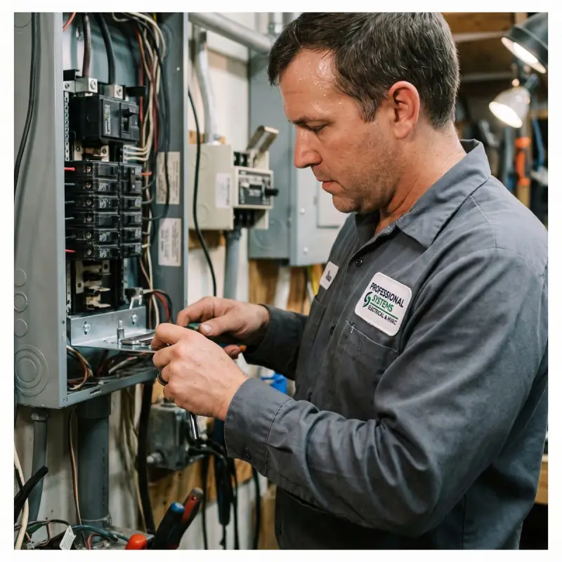 Professional Systems electrician installing a generator interlock kit and manual transfer switch on a breaker panel in Mobile, AL