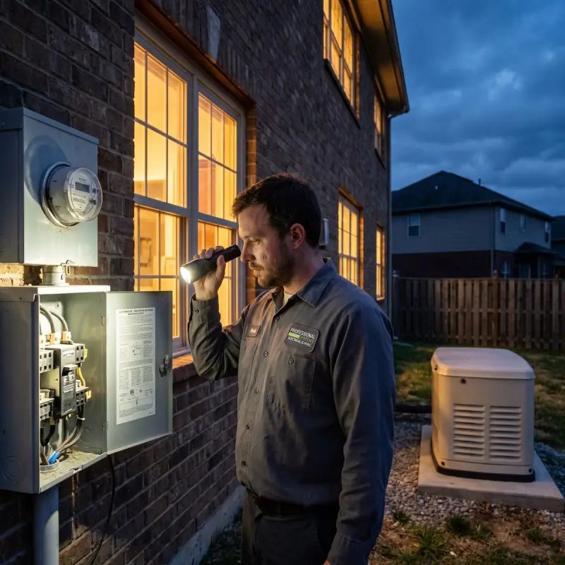 Professional Systems technician running a load test at the transfer switch at dusk while the home stays lit and the neighbors are dark