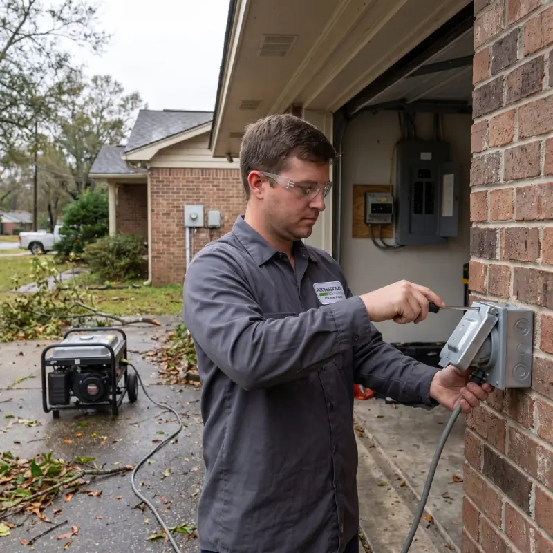 Professional Systems electrician installing a weatherproof generator power inlet box on the exterior wall of a Mobile, AL home