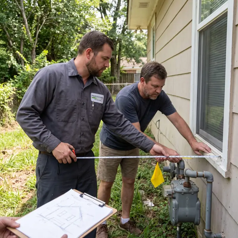Professional Systems electrician and homeowner measuring a generator pad location during a site survey in Mobile, AL