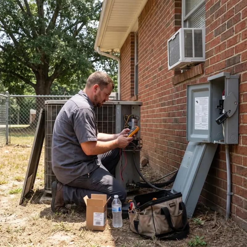 Professional Systems technician testing the capacitor of an older heat pump beside an open electrical disconnect at a Prichard, AL brick home