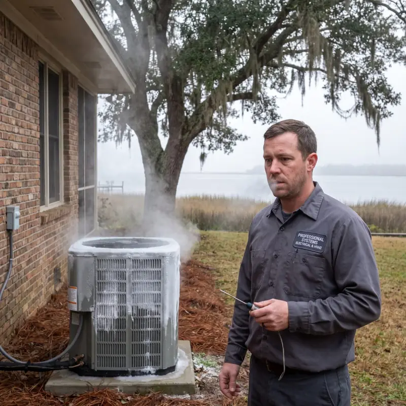 Heat pump outdoor unit steaming through a defrost cycle on a misty winter morning at a coastal Alabama home as a technician checks it