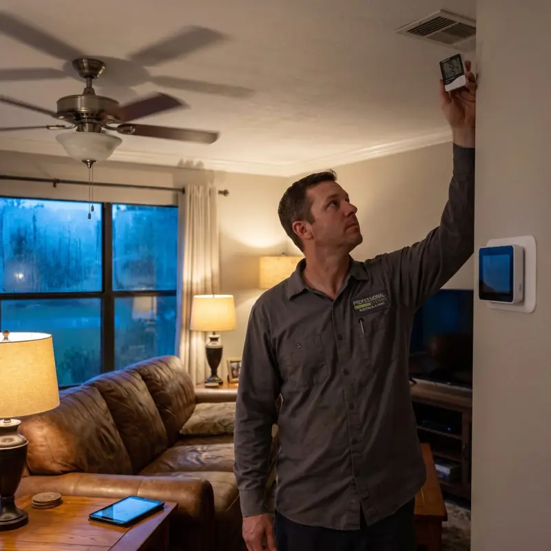 Professional Systems technician reading humidity with a hygrometer at a supply register while a variable-speed heat pump runs on a humid evening