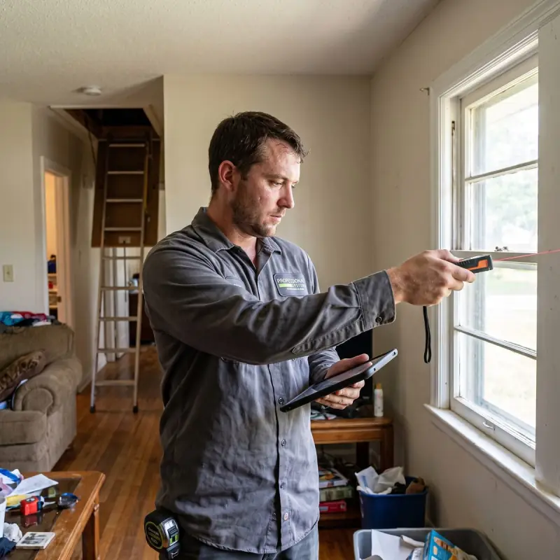 Professional Systems technician measuring a living room with a laser distance meter and tablet for a heat pump load calculation in Saraland, AL
