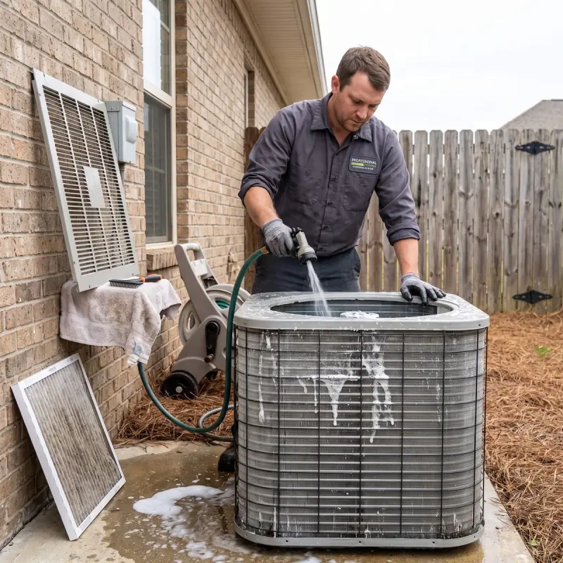 Professional Systems technician rinsing the outdoor coil of a heat pump during annual maintenance at a Saraland, AL home