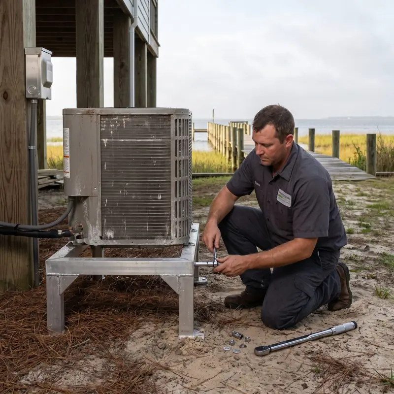 New heat pump outdoor unit on a raised aluminum stand beside a bayfront home on the Eastern Shore of Mobile Bay