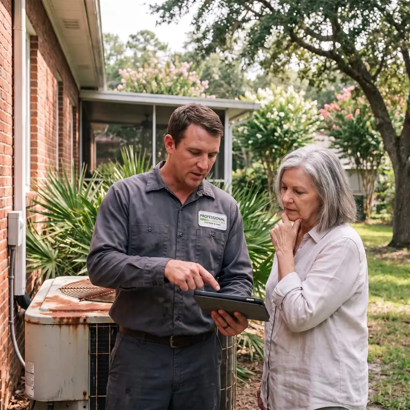 Professional Systems technician reviewing a heat pump replacement estimate on a tablet with a homeowner beside her aging outdoor unit
