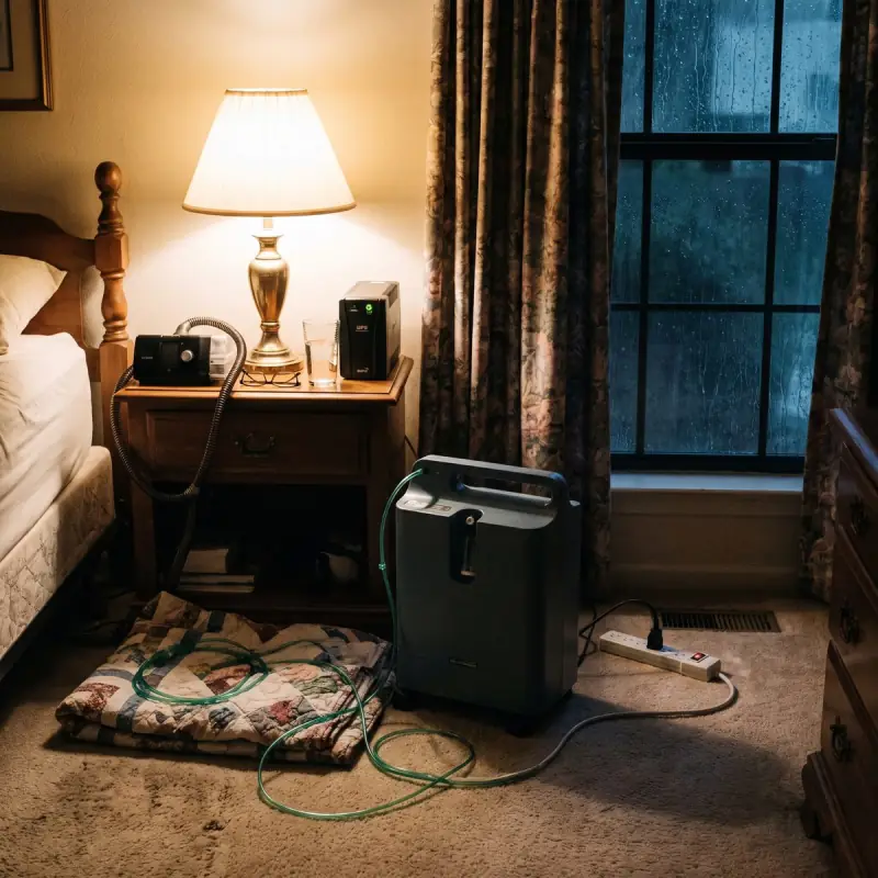 Bedside oxygen concentrator and CPAP machine on battery backup with a lamp lit while rain runs down the window during a storm