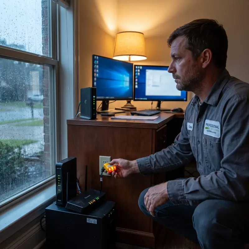 Professional Systems electrician testing the outlet behind a home office desk where the modem and router sit on a battery backup during a storm