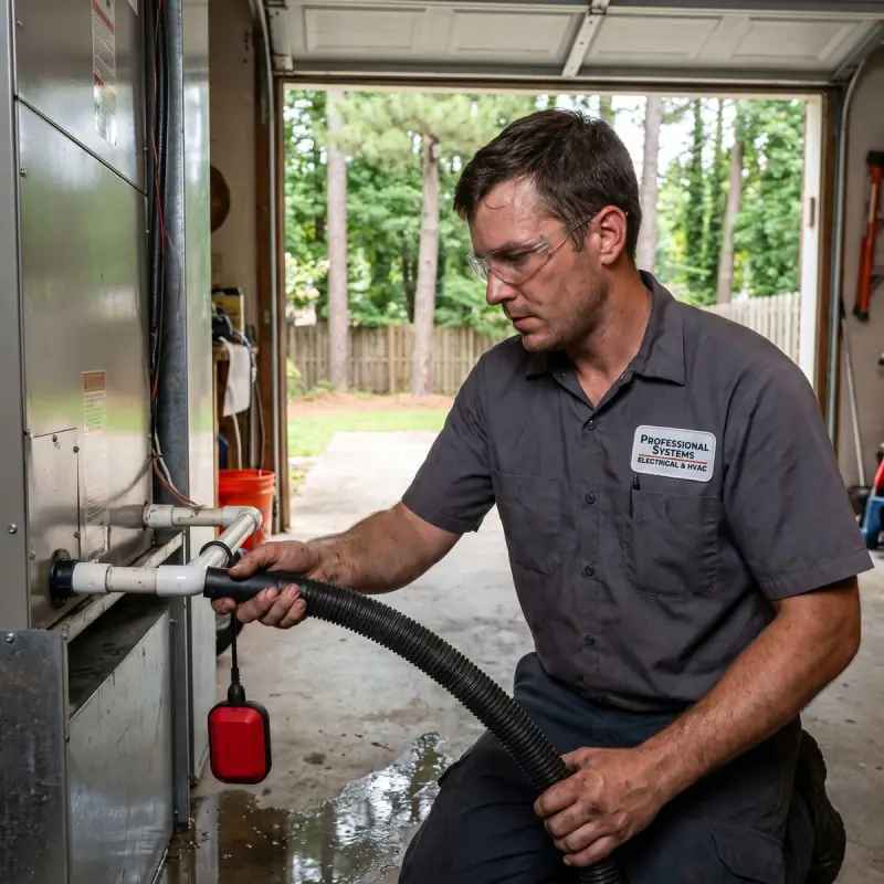 Professional Systems HVAC technician clearing a clogged condensate drain at an air handler in Daphne, Alabama