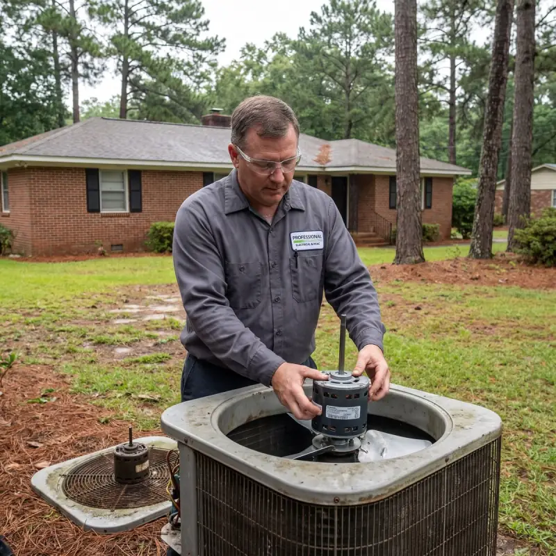 Professional Systems HVAC technician installing a new condenser fan motor at a Lake Forest home in Daphne, Alabama