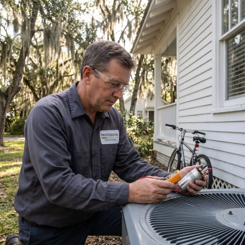Professional Systems HVAC technician testing a capacitor at an air conditioner beside a cottage under live oaks in Fairhope, Alabama