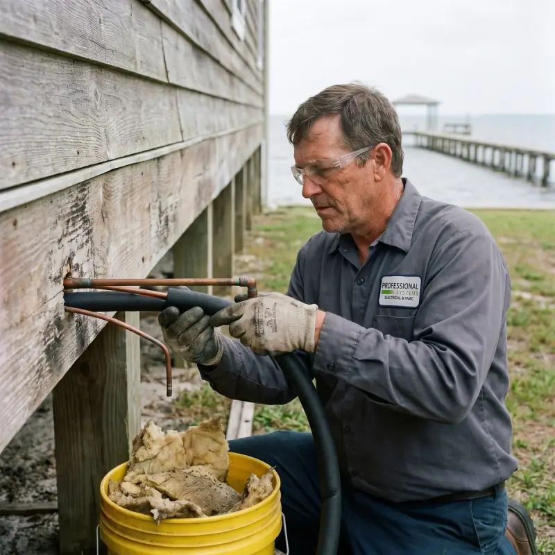 Professional Systems HVAC technician replacing refrigerant line insulation at a bayfront home in Fairhope, Alabama