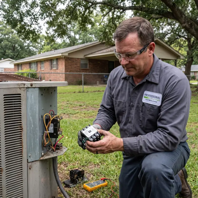 Professional Systems HVAC technician replacing a failed contactor in an older air conditioner at a 1970s brick home in Saraland, Alabama