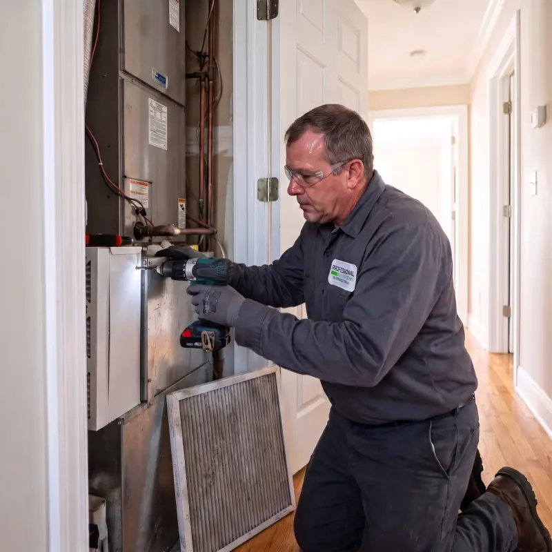 Professional Systems HVAC technician installing a media filter cabinet on an air handler in a newer Saraland, Alabama home